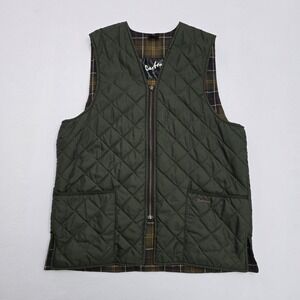 Barbour Mens Quilted Vest Olive Green Tartan Plaid Lining Made in England Medium